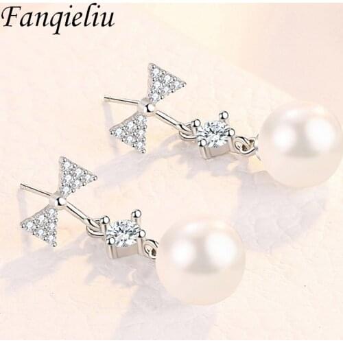 Fanqieliu Solid 925 Sterling Silver Drop Earrings For Girl Fashion Bow Zircon Crystal Pearl Dangle Earrings Woman FQL21348