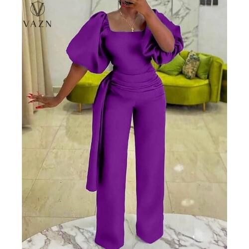 VAZN 2021 Spring Summer Office Lady High-end Plus Size Chiffon Short Sleeve Sweet Womens High Waist Wide Leg Jumpsuits
