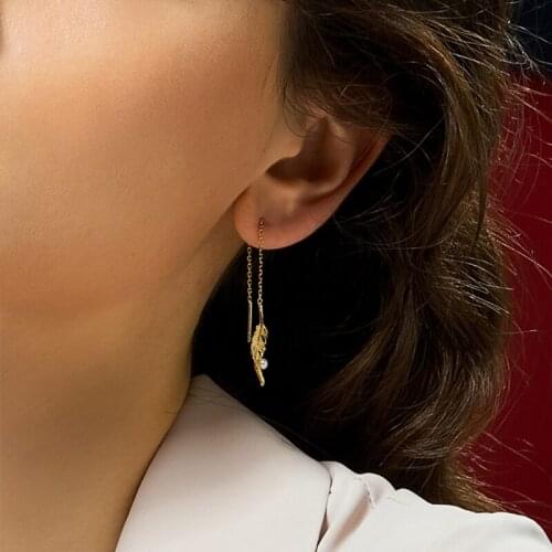 LAMOON Freshwater Pearl Drop Earring 925 Sterling Silver Earrings For Women Feather 14K Gold Plated Fine Jewelry LMEI117