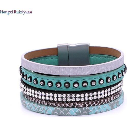 Ladies Bracelet Multilayer High-Film Leather Light Green Rhinestone Bracelet Bohemian Style Magnet Buckle Bracelet