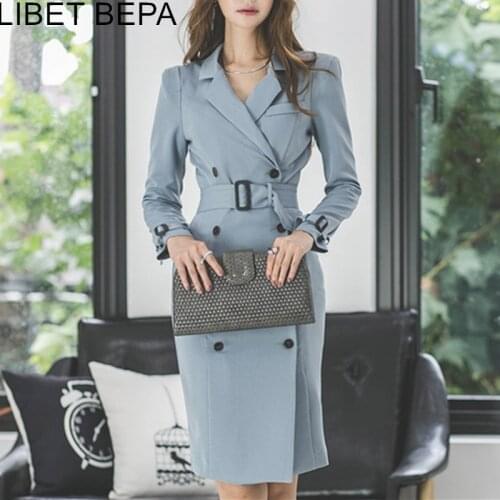 2021 New Spring Women Dress with Belt Turn-down Collar Double-breasted Elegant High Waist Office Lady Work Wear Dresses DR828