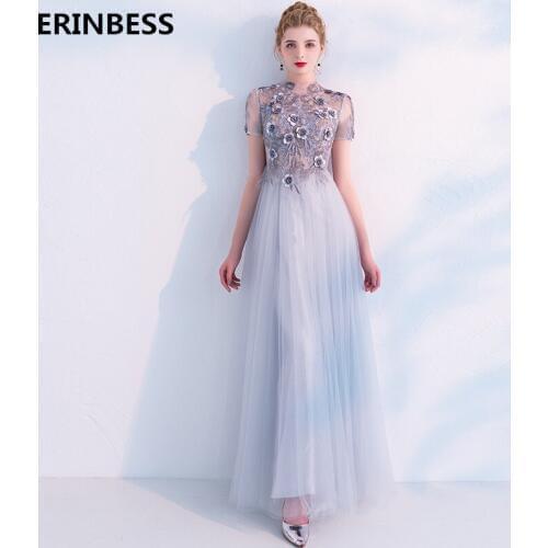 2019 Vestido De Festa Sexy Evening Dresses High Neck Short Sleeve Appliques Flower Party Gowns Women Formal Evening Dress Gowns