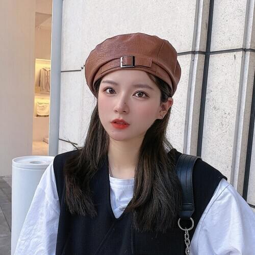 1 pc Vintage Fashion PU Leather Women Female Berets Caps Spring Autumn Elegant Korean Style Women Beanie Minority Adjustable Hat