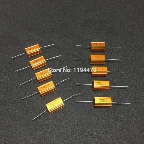20pcs/Lot RX24 5W 0.1R to 10K Ohm Golden Metal Shell Case Power Wirewound Resistor Aluminum Housing 5% Class J