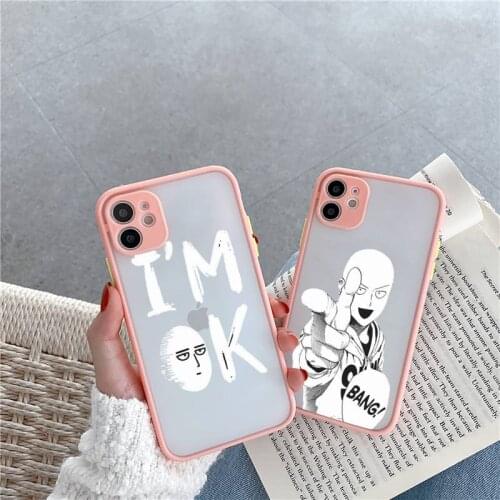 One punch man Phone Case For iPhone 12 11 Mini Pro XR XS Max 7 8 Plus X Matte transparent Pink Cover