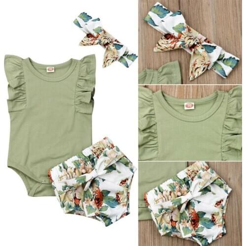 Newborn Infant Baby Girls Ruffle Sleeve Romper Flower Shorts Outfit Clothes 0-2Y