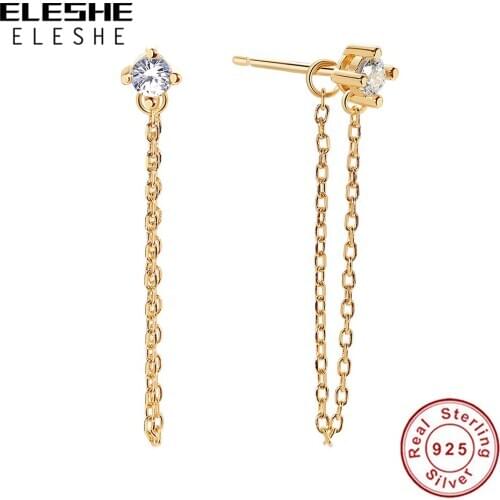 ELESHE Ins Long Chain Stud Earrings for Women 925 Sterling Silver Earrings with CZ 18K Gold Plated Jewelry Pendientes Earings