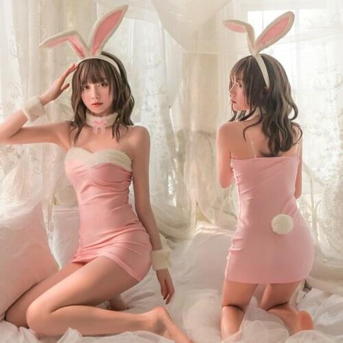 Erotic Cute Pink Black Bunny Girl Transparent Dress Bodysuit Women Sexy Lingerie Set Garter Sex Rabbit Uniform Cosplay Set