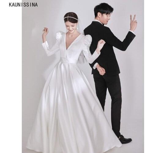 KAUNISSINA Vestido De Noiva Simple Satin Wedding Dresses Buttons Long Sleeve V-Neck Bridal Gowns White Corset A-Line Bride Dress