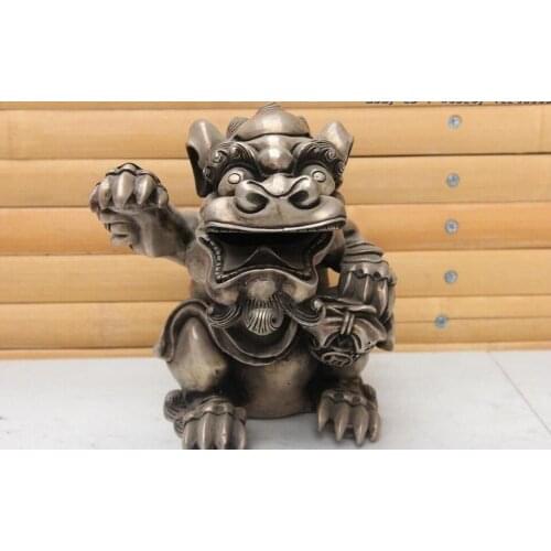 7" Tibet White Copper Silver Foo Fu Dog Lion Beast PiXiu Censer Incense Burner