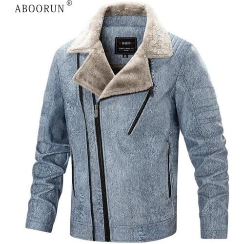 ABOORUN Mens Winter Faux Leather Fleece Jacket Imitation Denim Ripped Motorcycle Coat for Male