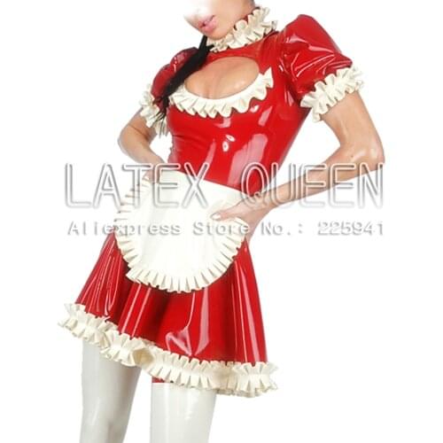 Latex dress rubber maid uniforms including dress , apron and stocking