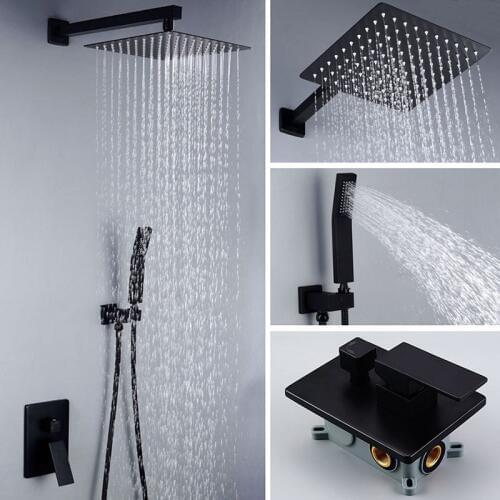 Matt Black Bathroom Square Bath Shower Set Wall Mounted/ceiling rain shower set Quality Brass Mixer Faucet Rain Shower Head
