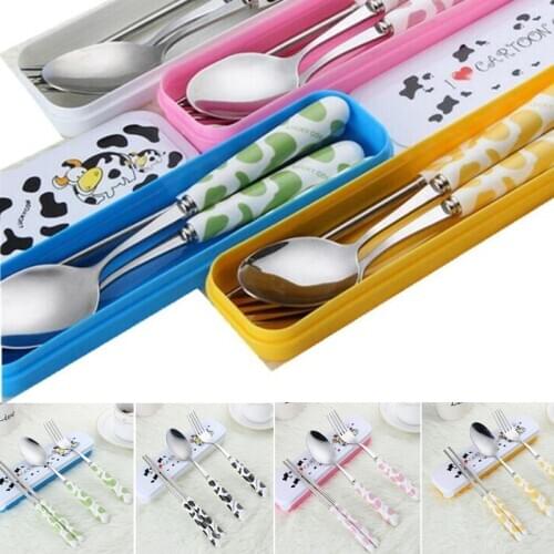 Baby Kids Cute Fork Spoon Cutlery Set Cartoon Ceramic Handle Stainless Steel Children Chopsticks Fork Cutlery Portable Tableware