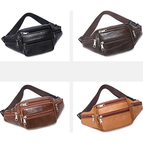Fashion Men Genuine Leather Waist Bag Multi-pocket and Multiple Zipper Belt Bag Adjustable Belt Fanny Pack Shopping Phone Bags