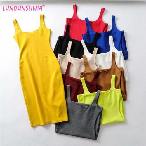 LUNDUNSHIJIA Fashion Bodycon Candy Colors Spaghetti Strap Women Sleeveless Dress 2019 Summer Sexy Slim Split Jumper Dresses