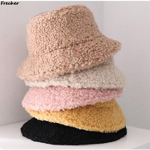 Lamb Faux Fur Bucket Hat Winter Warm Teddy Velvet Hats for Women Lady Thicken Bob Panama Outdoor Fisherman Hat Caps