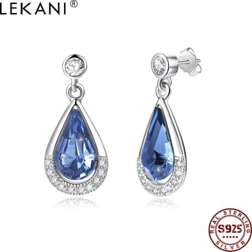 LEKANI S925 Sterling Silver Waterdrop Crystal Drop Earrings Classic Austria Royal Blue Crystal Earrings Anniversary Jewelry