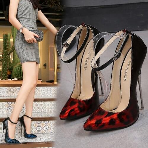 16CM Super High Stripper Heeled Shoes Big Size Sexy Leopard Shallow Pointed Toe Buckle Strap 6 Inches Trend Patent Leather Style