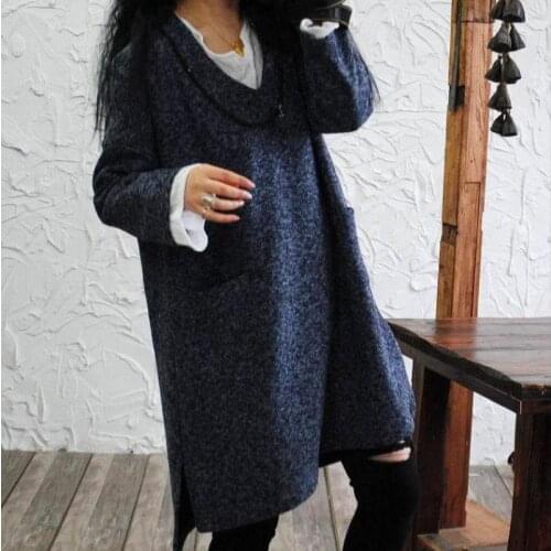 Spring Original Design Retro Thickening Woolen Casual Dress V-Neck Loose Women Dresses Side Split Irregular Vestidos Big Size