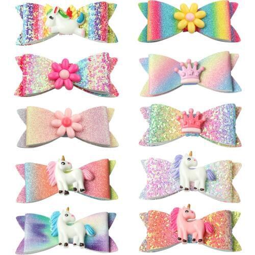 20 Pcs Glitter Unicorn Barrettes Children Animal Mermaid Hairclips Bling Bling Rainbow Hairpins Crown Hair Accessories Hair Clip