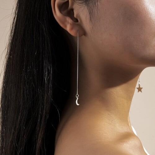 TIMEONLY Asymmetric Moon Star Long Tassel Dangle Earrings for Women Ladies Elegant Earring Small Link Chain Wedding Jewelry