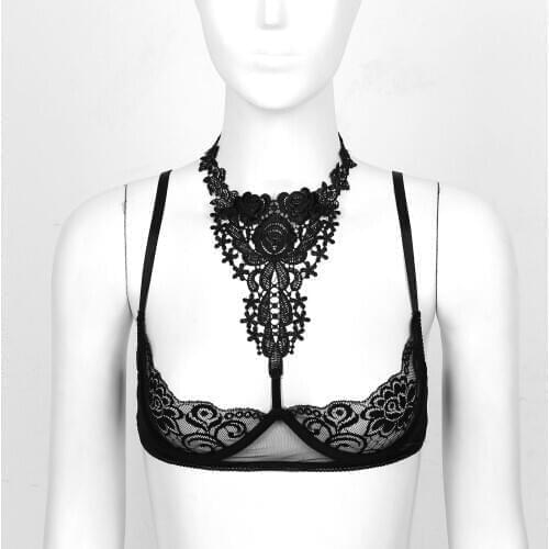 Women See-through Floral Lace Underwired Unlined Bra Porno Lingerie Halter Bare Breast Underwear Erotic Sexy Lingerie Honeymoon