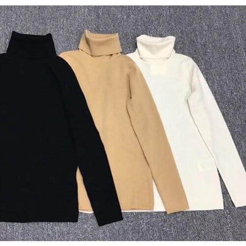Woman Knit Turtleneck Sweater 100% Wool Warm Bottom Solid White Black Brown Pullover Top For Autumn Winter