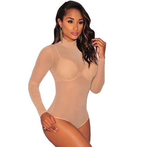 Nude Transparent Sexy Bodysuit Women Rompers Bodycon Jumpsuit Long Sleeve Mesh Bodysuit Sheer See Through Turtleneck Bodysuits