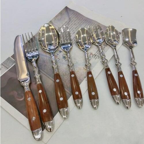 1pc Wood Handle Steak Knives Fork Spoon Laguiole Style Dinnerware Stainless Steel Tableware Classic Wooden Western Cutlery Set