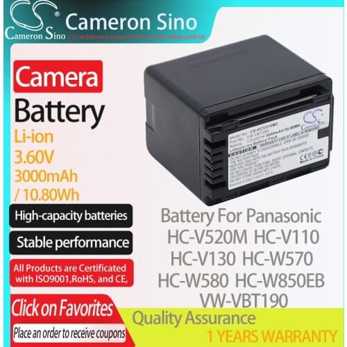 CameronSino Battery for Panasonic HC-V520M HC-V110 HC-V130 HC-W570 HC-W580 fits Panasonic VW-VBT190 Digital camera Batteries