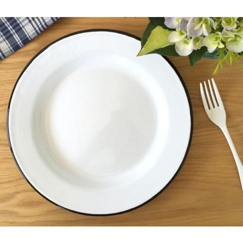 D = 24 Cm; H = 2 Cm Classic Blue Black / grey Edge Breakfast Enamel Disc Thickened Tableware Dish Dish Western Dish 9.5