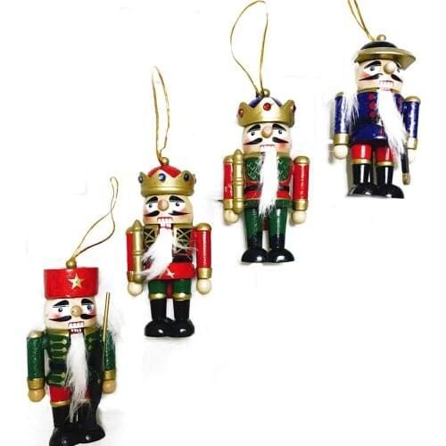 4Pcs Wooden Nutcracker Doll Soldier Pendant Mouth Can Open And Close Vintage Handcraft Puppet New Year Ornaments With Lanyard