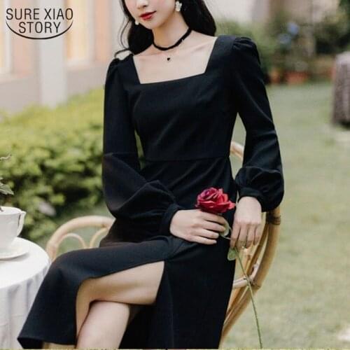 French Chiffon Dress Women Fashion Black Square Collar Temperament Puff Long Sleeve Party Dress Clothing For Ladies 13234