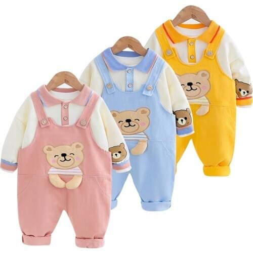 Boy New Lapel Sweater + Overalls Set 2Pcs Baby Girl Casual Pullover Pants Suit For Kids Jumpsuit Children Cartoon Active Outfit