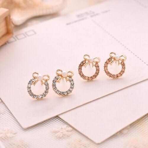 Fashion Personality Crystal Bow Earrings Ladies Crystal Stud Earrings Round Earrings Jewelry Gifts