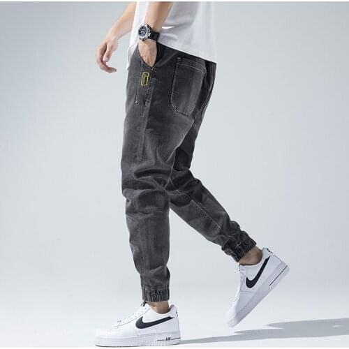 2021 Mens Spring Autumn High-end Slim Solid Color Printed Casual Pants mens Fashionable 80% Cotton Elastic Waist Lace-up Jeans