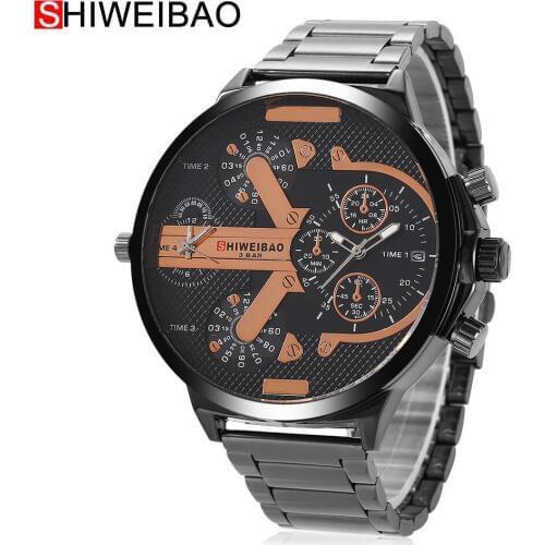 COOL Mens Watches Top Brand Luxury Quartz-Watch Men Black Steel Band Wrist Watch Dual Time Zones Date Relogio Masculino Military