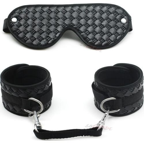 Smspade black PU leather bondage kit sex restraints handcuffs and blindfold beginners erotic sex bondage wrist cuffs sex toy