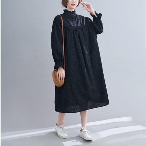 2021 New Arrival Puff Sleeve Sweet Girls Black Chic Autumn Dress Cotton Jacquard Loose Women Casual Spring Midi Dress