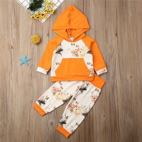 0-24months Baby Girls Clothes Outfits Fox Animal Active Hooded Sweatshirt Girls Orange Print Long Pant Newborn Clothing Baby Set
