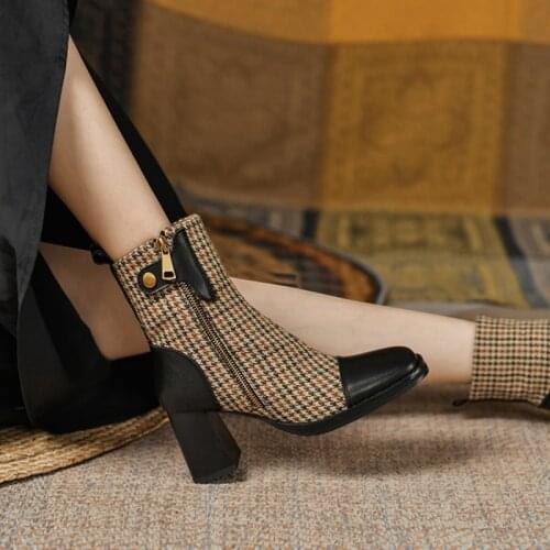 Autumn/Winter Shoes Women Square Toe High Heel Boots Women Elegant Lattice Mid-calf Modern Boots Women 2021 Fashion Women Shoes