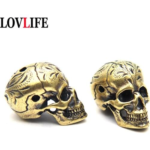 Punk Skull Head Brass Three Holes Knife Beads DIY Keychain Pendants Jewelry Accessories Vintage Skeleton Carved Pattern Hangings