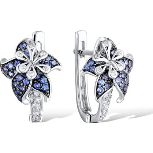 Luxury Female Crystal Flower Earrings Charm Silver Color Small Clip Earrings For Women Elegant Blue Zircon Wedding Earrings