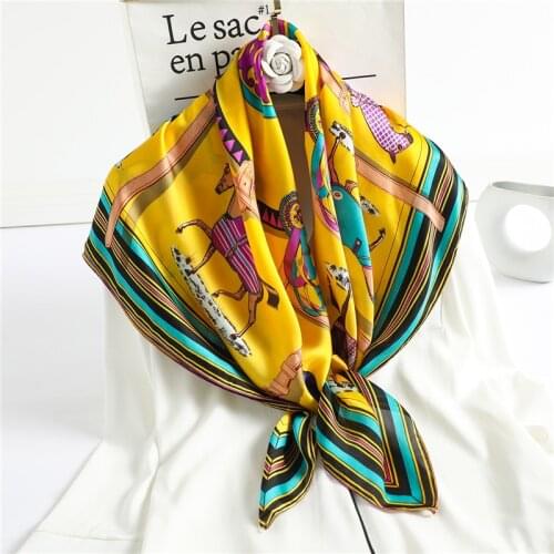 Luxury Silk Square Scarf Women Bandana Horse Print Shawl Wraps Neck Scarves Lady Hijab Headband Foulard Neckerchief Spring