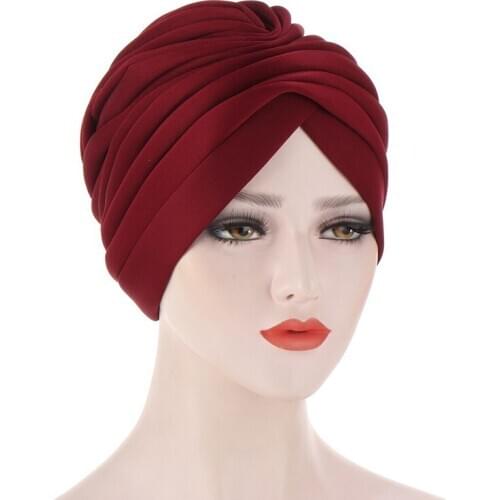 Muslim Folds Turban Hat Female Warm Headscarf Bonnet Hat Winter Elastic Cotton Head Cover Caps Women Solid Color India Hats