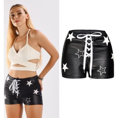 Women Stretch Faux Pu Leather Shorts Bandage Lace Up Sexy Mini Female Short Trousers Slim High Waist Five Stars Print Plus Size