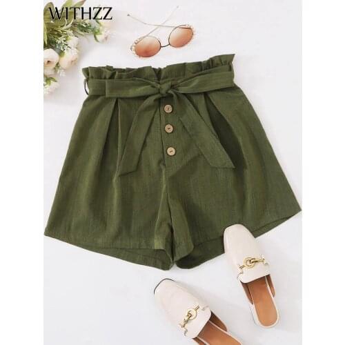 WITHZZ Spring Summer Women Lovely Wide Leg Shorts Belt Elastic High Waist Female Loose Casual Shorts