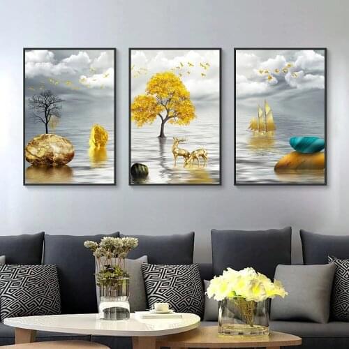 Modern Wall Decoration Tree Lake Deer Canvas Painting Natural Landscape Posters and Prints Picture for Living Room Home Decor