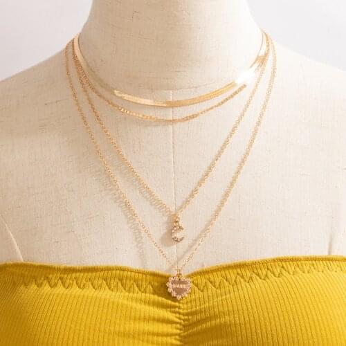 Tocona Luxury Moon Pendant Necklace for Women Romantic Heart Shiny Rhinestone Multi-layer Clavicle Chain Choker Jewelry 17601